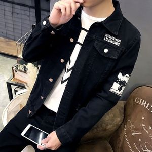 Herfst Winter Borduurwerk Zwarte Tieners Menswear Trend Denim Koreaanse Revers Gewassen Denim Slanke Jas Zwarte Jas Top