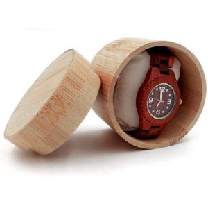 Elegante Bamboe Horloge Box Sieraden Display Cilindrisch Storage Case Met Kussen