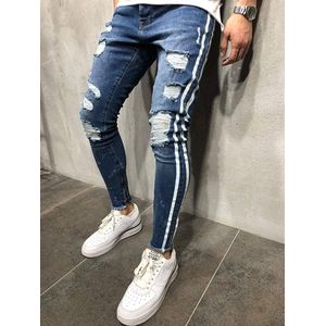 Boilen Heng Xin - Ripped Gestreepte Skinny Jeans - Blauw - Potlood Broek - Casual