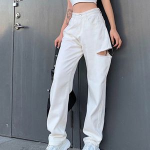 Vrouwen Hoge Taille Witte Baggy Jeans Side Gescheurd Gat Losse Denim Straight Broek X7YA