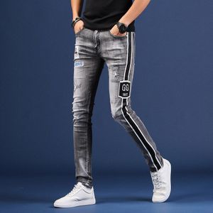 Ripped Jeans Panty Geborduurde Patch Grijs Kleding Voor Tieners Heren Jeans Slim Fit Casual Mannen Broek Denim Broek