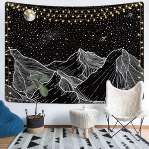 Luckyyj Mountain Tapestry Moon Star Tapestry Sterrenhemel Tapestry Zwart-wit Bergen Tapijt Voor Kamer Decoratie