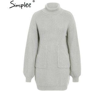 Simplee Casual Coltrui Vrouwen Trui Jurk Herfst Winter Gebreide Jurk Met Zakken Lantaarn Mouw Vrouwelijke Trui Jurk