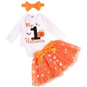 Pasgeboren Baby Meisjes Halloween Kleding Sets Lange Mouw Bodysuits Dots Chiffon Kant Rokken Hoofdband Festival 3Pcs Sets