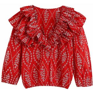 Vrouwen Vintage Hollow Out Borduren Rode Kiel Blouse Vrouwelijke Cascading Ruffle V-hals Toevallige Slanke Shirt Chic Tops LS6903
