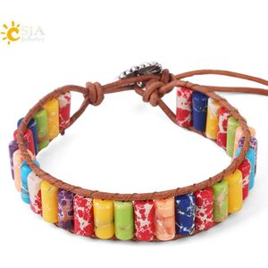 CSJA Mode Gevlochten Armband Gemengde Kleur Turkoois Cilindrische Stone Lederen Wrap Armbanden voor Vrouwen Mannen Stellen Bangles F949