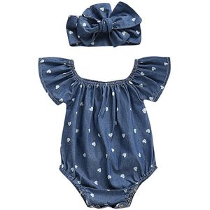Pasgeboren Baby Meisjes Denim Blauw Katoen 2 Stuks Outfits Romper Bodysuit Kleding Set