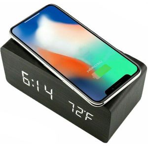 Led Houten Wekker Met Draadloos Opladen Pad Compatibel Met Voor Iphone Samsung Hout Digitale Klok Geluid Controle Functie