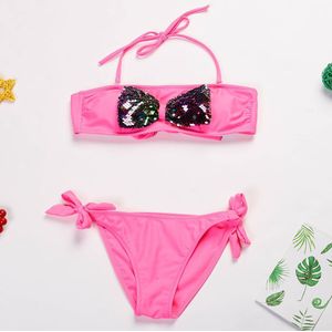 3-14 Jaar Meisje Badpak Sequnined Strik Meisjes Bikini Set Halter Top 2 Stuk Kinderen Badmode Meisje badpak