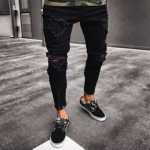 Mode Mannen Ripped Skinny Jeans Vernietigd Verzwakte Slim Fit Denim Broek Rits Slim Straight Hip Hop Zwart broek