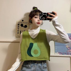 Trui Vest Vrouwen V-hals Fruit Print Kawaii Crop Top Alle-Match Harajuku Eenvoudige Streetwear Casual Womens Mouwloze Truien Ins