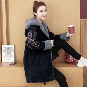 Mode Lam Wol Plus Size Denim Katoenen Jas Vrouwen Lange Mouwen Parka Winter Vintage Borduurwerk Hooded Warme Jassen m623