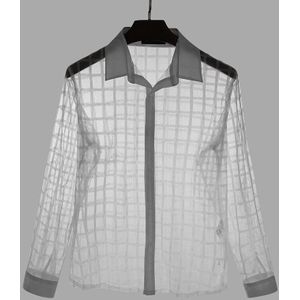 Incerun Mode Mannen Mesh Shirt Plaid Lange Mouwen Nachtclub Transparante Revers Party Stage Shirts Streetwear Button Chic Chemise