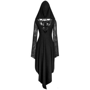 Dark Punk Gothic Kant Hooded Midi Jurk Hoge Lage Zoom Scary Spinneweb Kostuums Vrouwen Volwassen Horror Donkere Zwarte gewaad Voor Meisjes