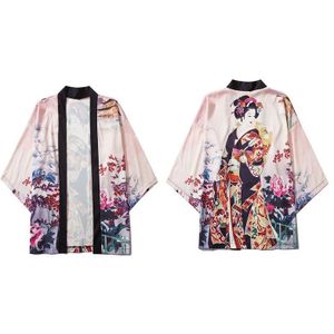 Gonthwid Japanse Meisje Bloemen Print Kimono Vest Shirts Mannen Zomer Toevallige Bloemen Open Front Jassen Hip Hop Streetwear Tops