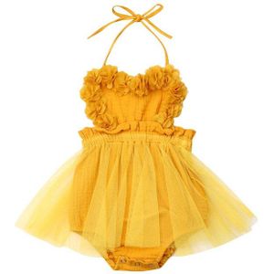 Schattige Baby Meisje Bodysuit Jurk Halter Lace-Up Lace Zonnejurk Zomer Baby Meisje Mouwloze Backless Tule Jurk 0-18M