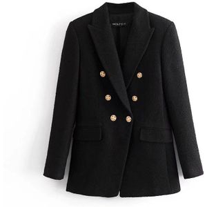 Adherebling Vrouwen Casual Traf Jassen Lente Lange Mouw Blauw Tweed Jas Metalen Knoppen Office Lady Slim Blazers Bovenkleding