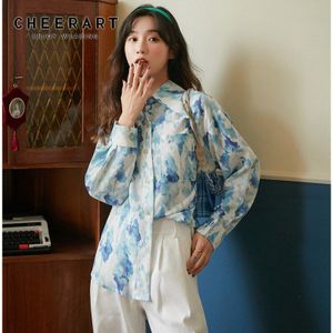 Cheerart Gletsjer Tie Dye Blouse Vrouwen Blue Lange Mouwen Top Button Up Kraag Shirt Casual Losse Koreaanse Mode Kleding