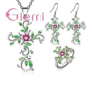 Boho Zirconia Cross Earring Ketting Sieraden Set 925 Sterling Zilveren Blad Bloem Ring Oorbellen Statement Kettingen