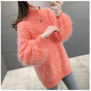 Vangull Vintage Half Coltrui Vrouwen Trui Effen Kleur Losse Lange Mouwen Gebreide Furry Poullovers Lui Stijl Top Dieptepunt Shirt