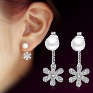 Mode Pure 925 Sterling Zilver Cz Kristal Bloem Bloemen Stud Oorbellen Originele Parel Sieraden Lady KY348