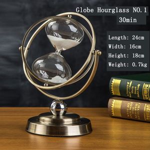 30Min Roterende Globe Zandloper Metalen Base Timer Woondecoratie Globe Zandloper Wit Zand Retro Desktop Ornament