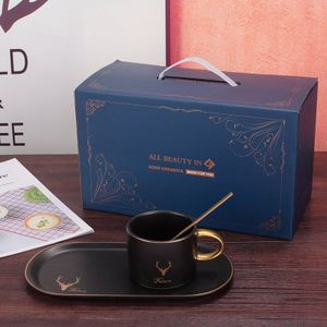 Europese Luxe Gouden Rand Keramiek Koffie Kopjes En Schoteltjes Lepel Sets Met Geschenkdoos Thee Sojamelk Ontbijt Mokken Dessert plaat