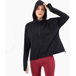 Autumn Winter Loose Zipper Hooded Running Jacket Women Long Sleeve Thumb Hole Sweatshirt Gym Drawstring Yoga Sports Jacket
