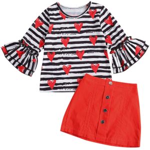 Meisjes Twee Stuk Kleding Set Streep En Hart Gedrukt Patroon Ronde Kraag Top + Rode Effen Kleur Korte Rok