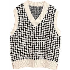 Vintage Stijlvolle Houndstooth Plaid Mouwloze Trui Vrouwen V-hals Vest Truien Elegante Dames Casual Jumpers