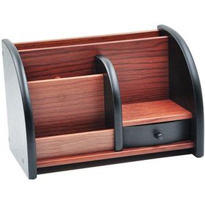 5-Compartiment Luxe Bruin Hout Kantoor Desktop Organizer/Brief Sorter Met Multifunctionele Houten Pen Houder