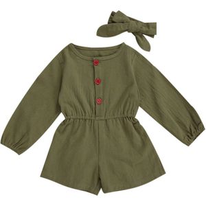 Baby Baby Meisjes Lente Herfst Outfits Lange Mouw Knop Front Een Stuk Jumpsuit Shorts Met Hoofdband Set 6M-3Y