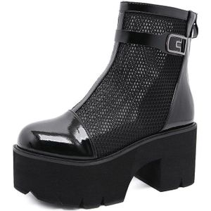 Gdgydh Zwarte Gothic Vrouwelijke Korte Laarzen Lakleer Gemengde Air Mesh Vrouwen Enkellaarsjes Hollow Out Platform Dame schoenen