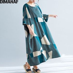 DIMANAF Plus Size Vrouwen Jurk Summer Zonnejurk Big Size Batwing Vrouwelijke Vestidos Losse Vintage Dame Jurk Linnen Gestreepte 5XL 6XL