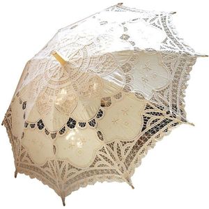 Kant Bruids Paraplu Parasol Zwart Rood Wit Katoen Zonnescherm Voor Bruid Houten Handvat Bruiloft Decoratie Paraplu