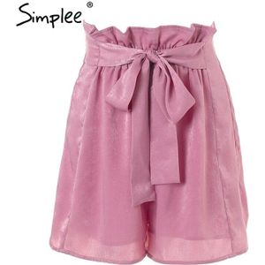 Simplee Satin ruffle bow zomer shorts vrouwen Casual zachte strand elastische taille shorts Chic roze losse streetwear shorts femme
