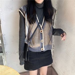 Vest Vrouwen Retro Argyle Chic V-hals Mouwloze Tank Vintage Casual Basic Gebreide Trui Ulzzang Uitloper Mode Vrouwelijke Kleding