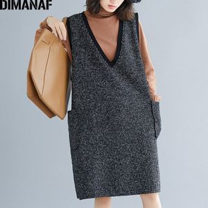 DIMANAF Plus Size Vrouwen Jurk Winter Mouwloze Breien Thicken Casual Big Size Vrouwelijke Lady Vestidos Vintage Losse V-hals Jurk