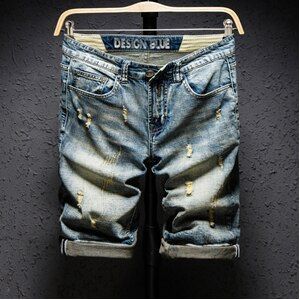 Zomer Mode Brand Blauw Mannen Streetwear Ripped Bermuda Jeans Korte Mode Hip hop Casual Gaten Rechte Denim shorts