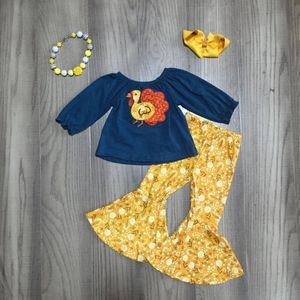 Baby Meisje Thanksgiving Set Met Accessoires Meisje Turkije Outfit Meisje Turkije Marineblauwe Top Bell Bottom Mosterd Bloemen Broek