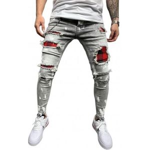 Heren Gewatteerde Geborduurde Jeans Skinny Jeans Ripped Grid Stretch Denim Broek Man Elastische Taille Patchwork Jogging Denim Broek