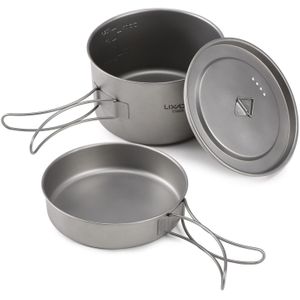 Lixada 2 Stuks Camping Pannenset Titanium Pot Pan Koken Set Met Opvouwbare Handgrepen Mesh Carry