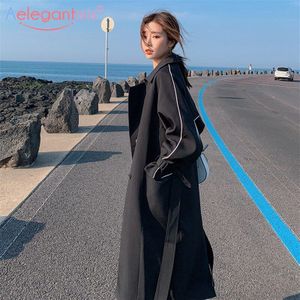 Aelegantmis Casual Vrouwen Lange Trenchcoat Met Riem Kantoor Dame Jassen Zwarte Lente Herfst Chic Double Breasted Uitloper Vrouwelijke