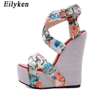 Eilyken Zomer Mode Peep Toe Solid Hoge Platform Vrouwen Schoenen Zijde Print Bloem Stof Hoge Hakken Wiggen Sandalen