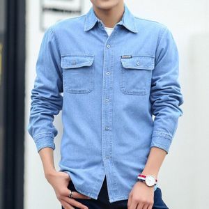 Lente Herfst Denim Shirt Heren Lange Mouw Blauw Zonnebrandcrème Werkkleding Plus Size 4XL Mode Katoenen Shirt