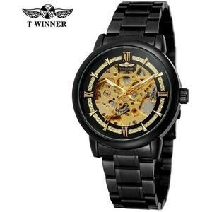 Winnaar Luxe Top Brand Unisex Horloges Automatische Mechanische Hollow Gold Skeleton Volledige Steel Horloges Mannetjes Casual Horloges