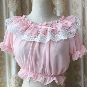 Vrouwen Lace Chiffon Semi Sheer Blouse Ruches Schouder Off Kant Ruche Korte Mouwen Losse Hemd Lolita Crop Top Voor Dames