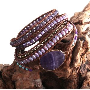 Rh Mode Lederen Boho Armbander Groene Gemengde Natuurlijke Stenen Charm 5 Strengen Kralen Wrap Armbanden