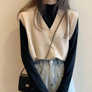 Sweater Vest Women Solid Knitted Loose V-neck Office Ladies Chic Ulzzang Korean Style Leisure Female Vests Soft