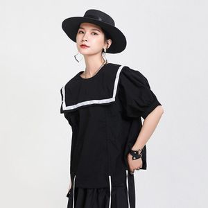 Chicever Trekkoord Kant Up Shirts Vrouwen Matroos Kraag Korte Mouw Asymmetrische Ruches Blouse Vrouwelijke Zomer Casual Mode